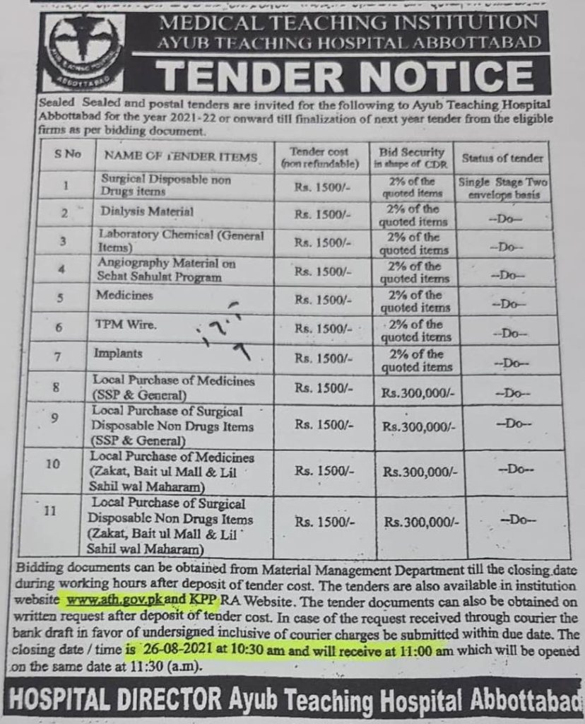 Sealed and postal tenders are invited for following to ATH Abbottabad